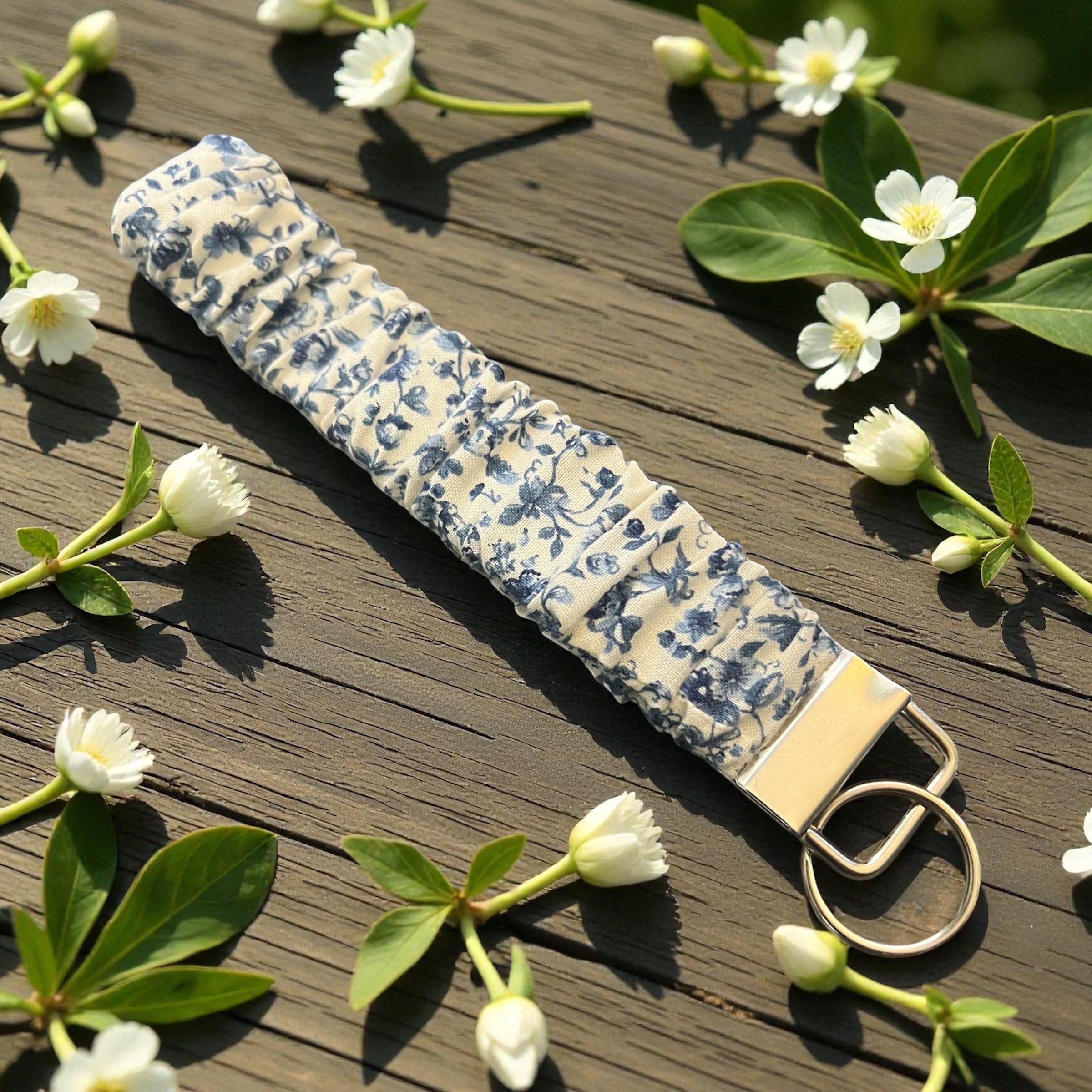 Blue Floral - Scrunchie Wristlet Keychain