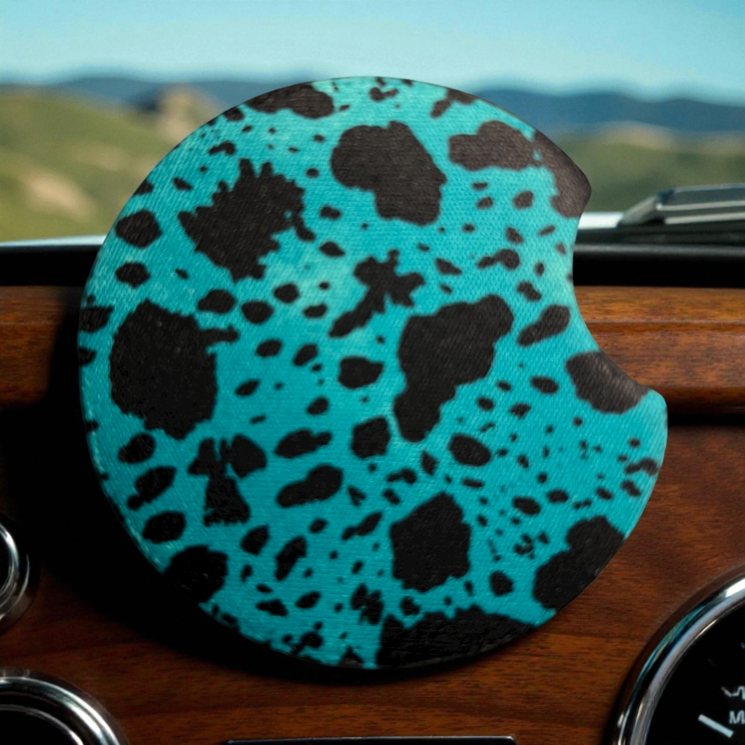 Teal Cow Print - Car Coaster Set
