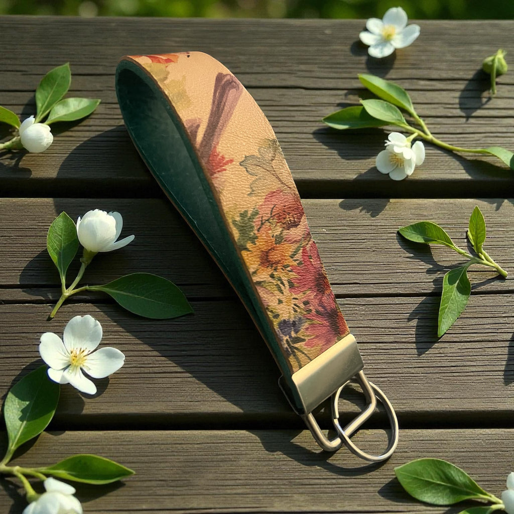 Vintage Garden Floral & Birds - Leather Wristlet Keychain