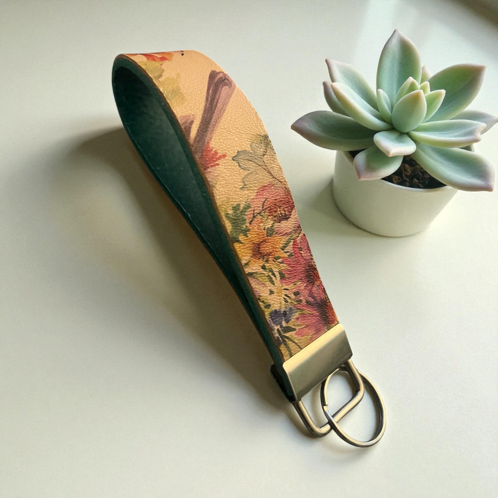 Vintage Garden Floral & Birds - Leather Wristlet Keychain
